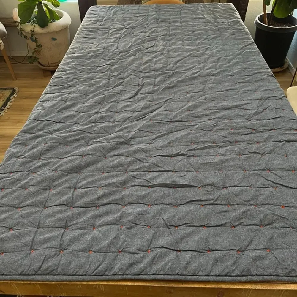 Crate & Barrel Blue Chambray Twin Quilt 66x86 in Orange Accent Stitching